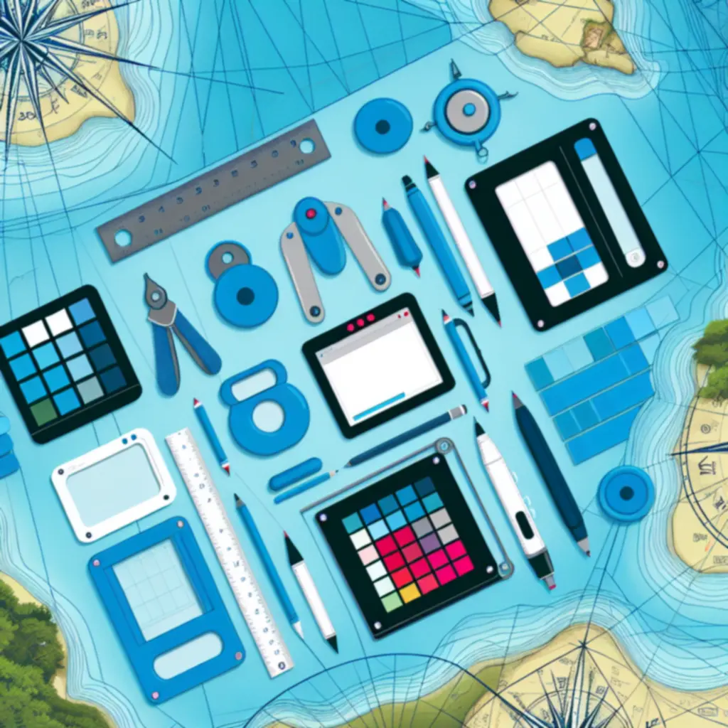 Ilustracja narzędzi do tworzenia komponentów na tle mapy morskiej