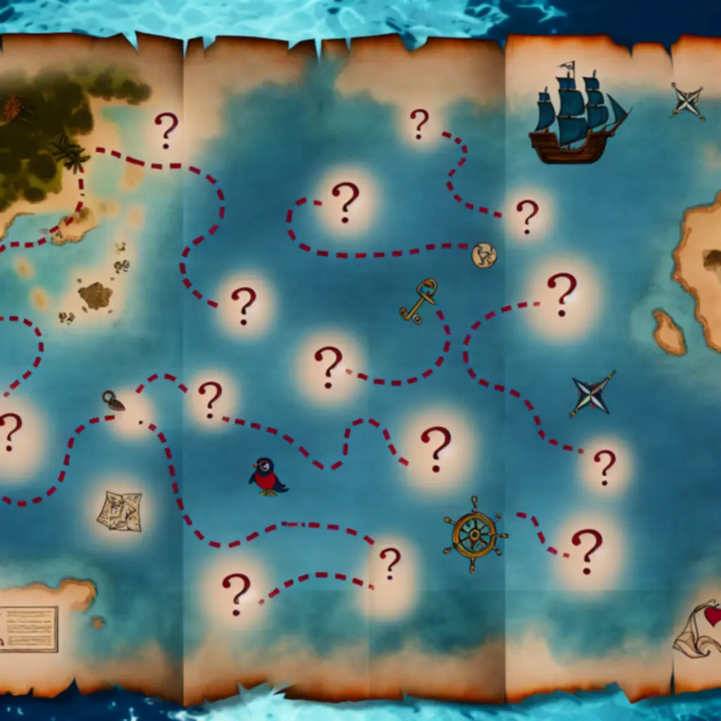 Mapa przygód nad oceanem z oznaczeniami pytań i informacjami