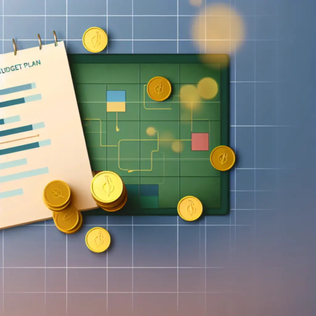 Notatnik z planem budżetu i monety na tle planszy