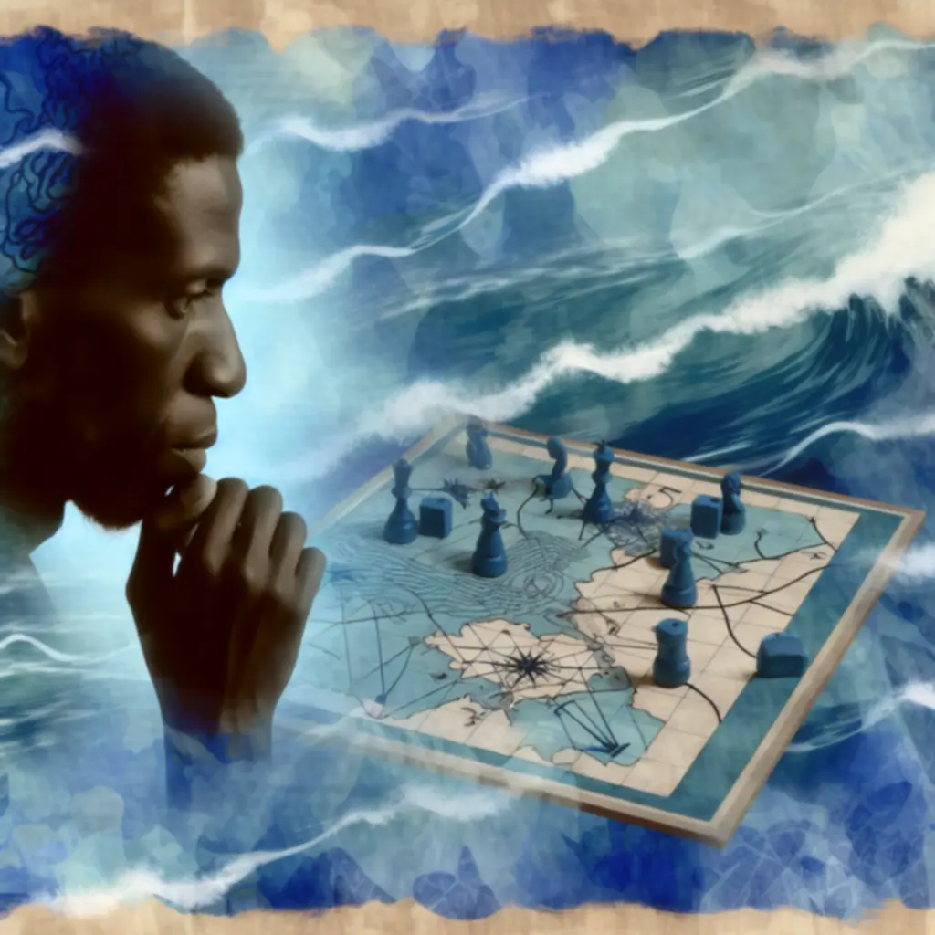 Osoba myśląca nad kolejnym ruchem na tle morskiej mapy