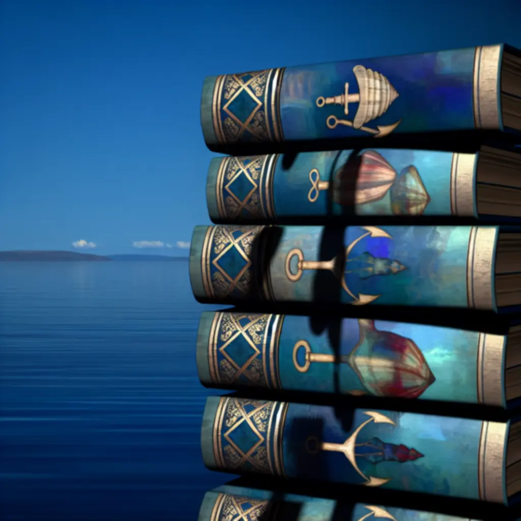 Stos książek z motywami morskimi na tle wody