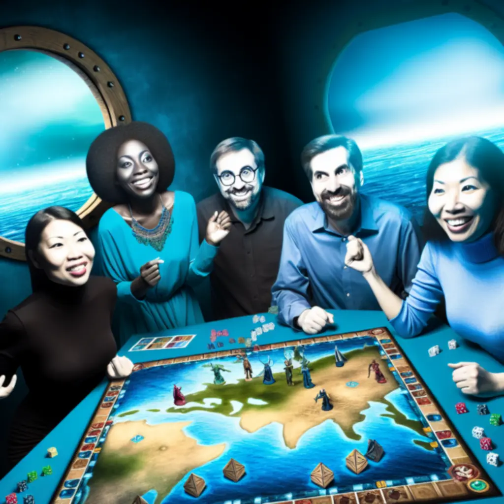 Drużyna graczy świętująca sukces nad planszą o tematyce oceanicznej