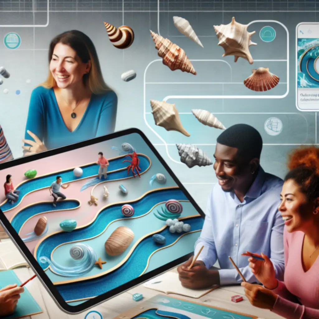 Uczestnicy kursu online – tablet i materiały edukacyjne z motywem morskim