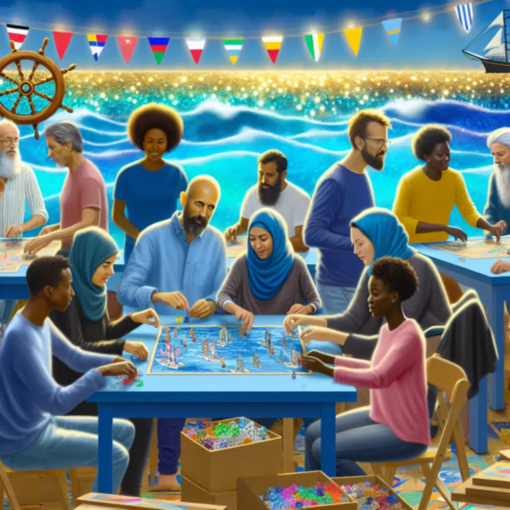 Warsztaty planszówkowe – grupa osób wokół stołu z planszą na tle morza