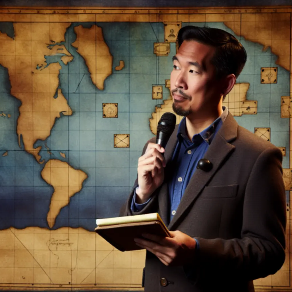 Ekspert odpowiadający na pytania na tle mapy oceanu