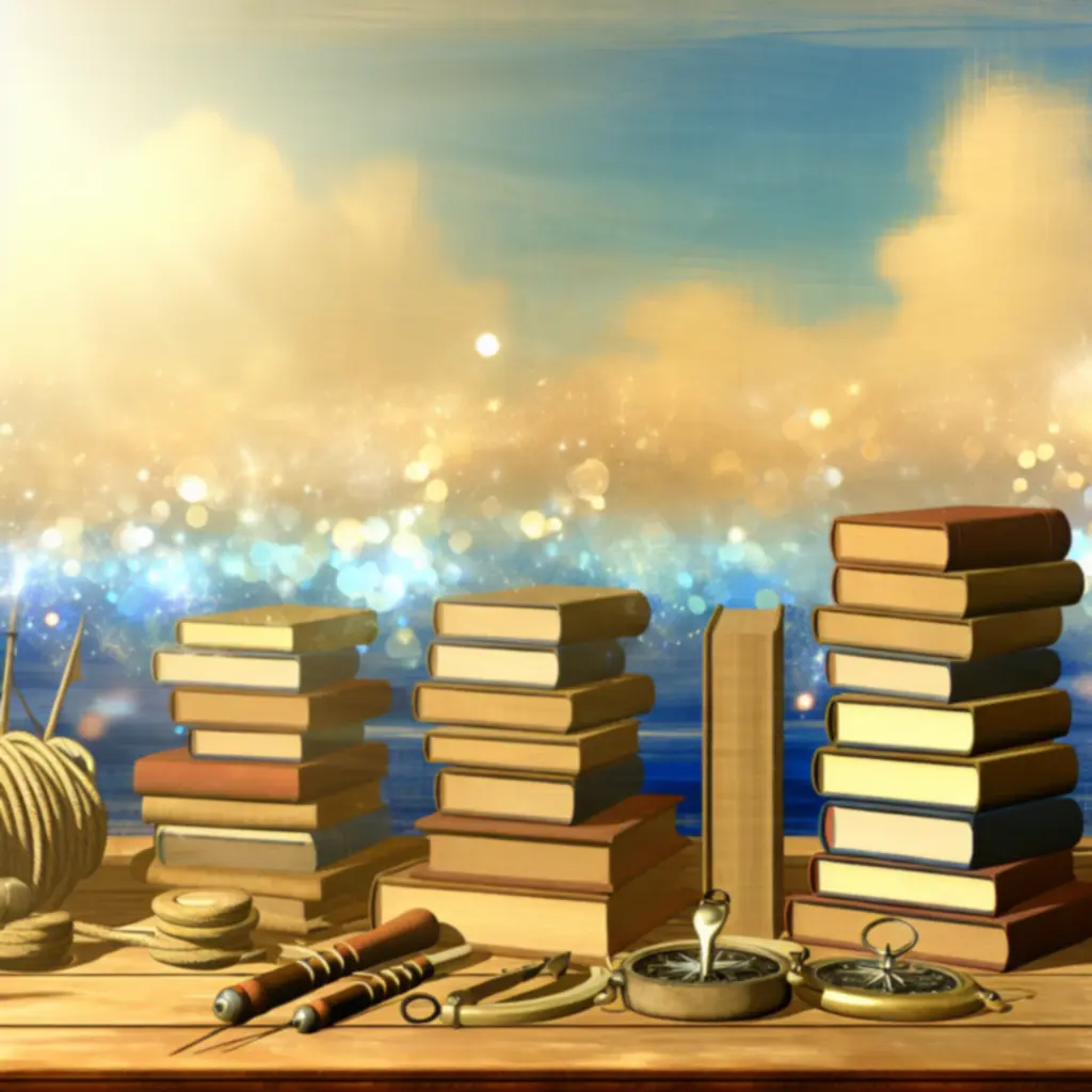 Stosy książek, przewodniki i materiały edukacyjne na tle morza