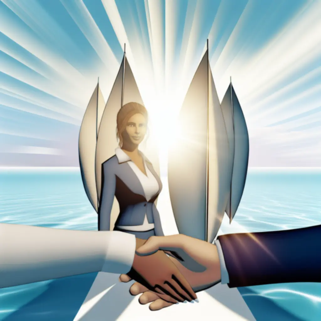 Podanie dłoni na tle żagli i oceanu – symbol partnerstwa