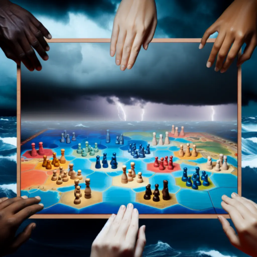 Plansza z rozstawionymi pionkami na burzliwych morzach