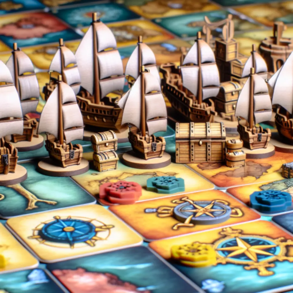 Przykładowe elementy gry planszowej: pionki, plansza, karty