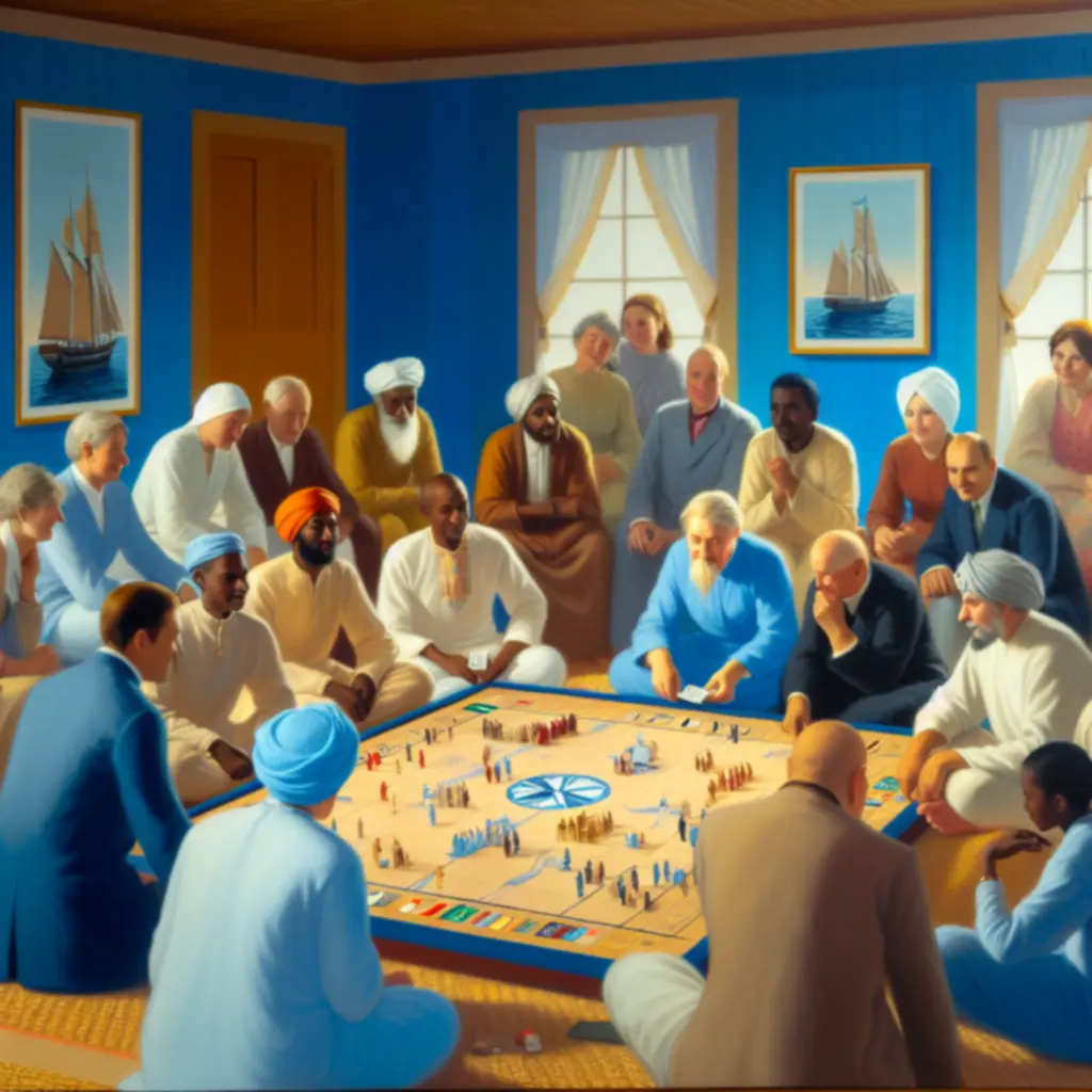 Grupa osób przy planszy, planujących kolejne ruchy na tle morskiej mapy